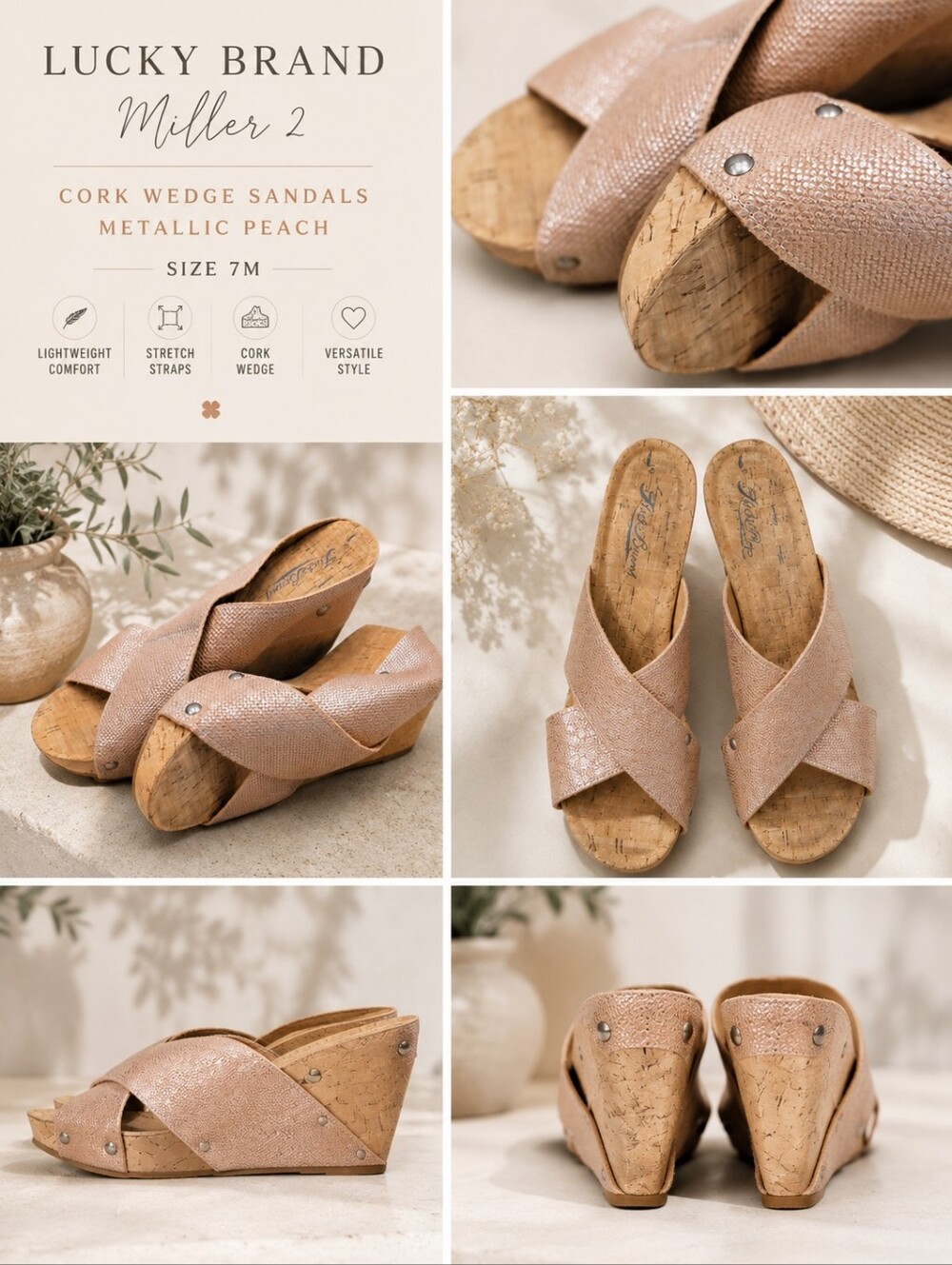 Lucky Brand Miller 2 Cork Wedge Sandals Metallic Peach Size 7M